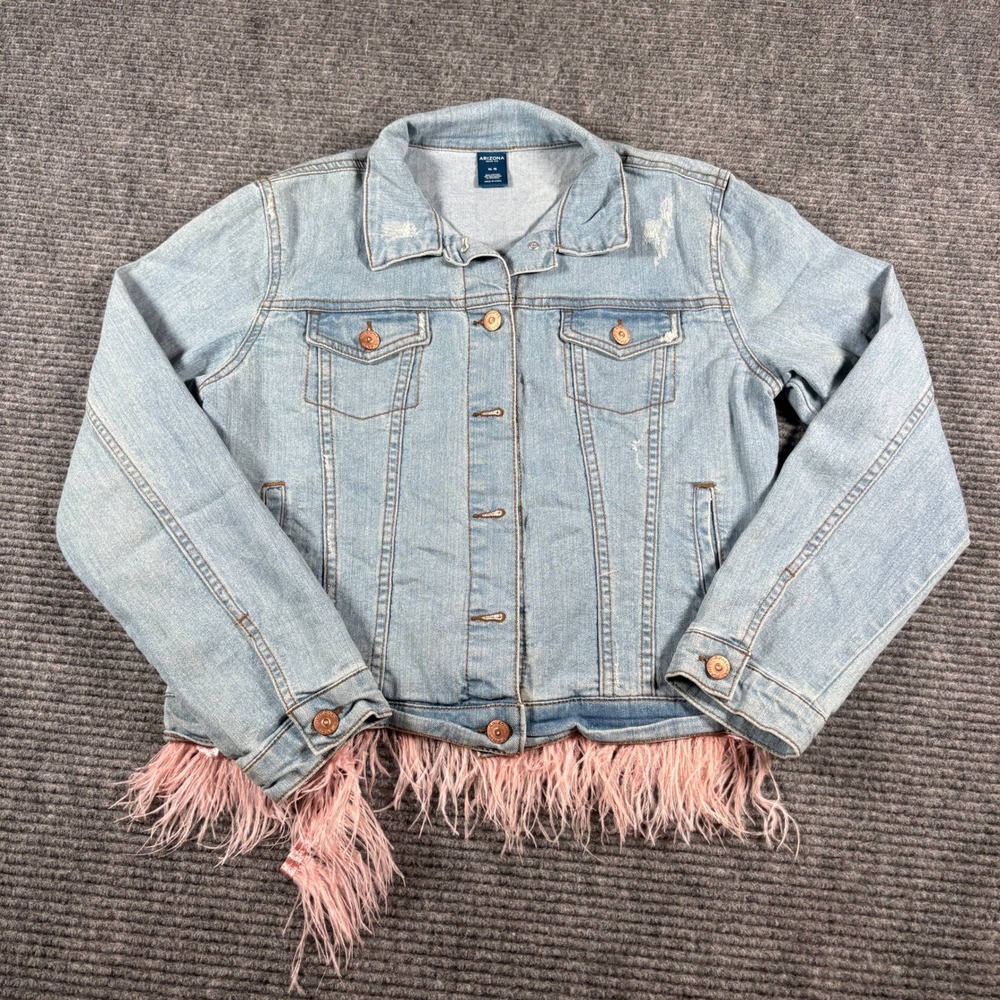 Arizona Jean Co Girls XL 16 Denim Jacket Light Wash Pink Feather Fringe Trim - Picture 1 of 5
